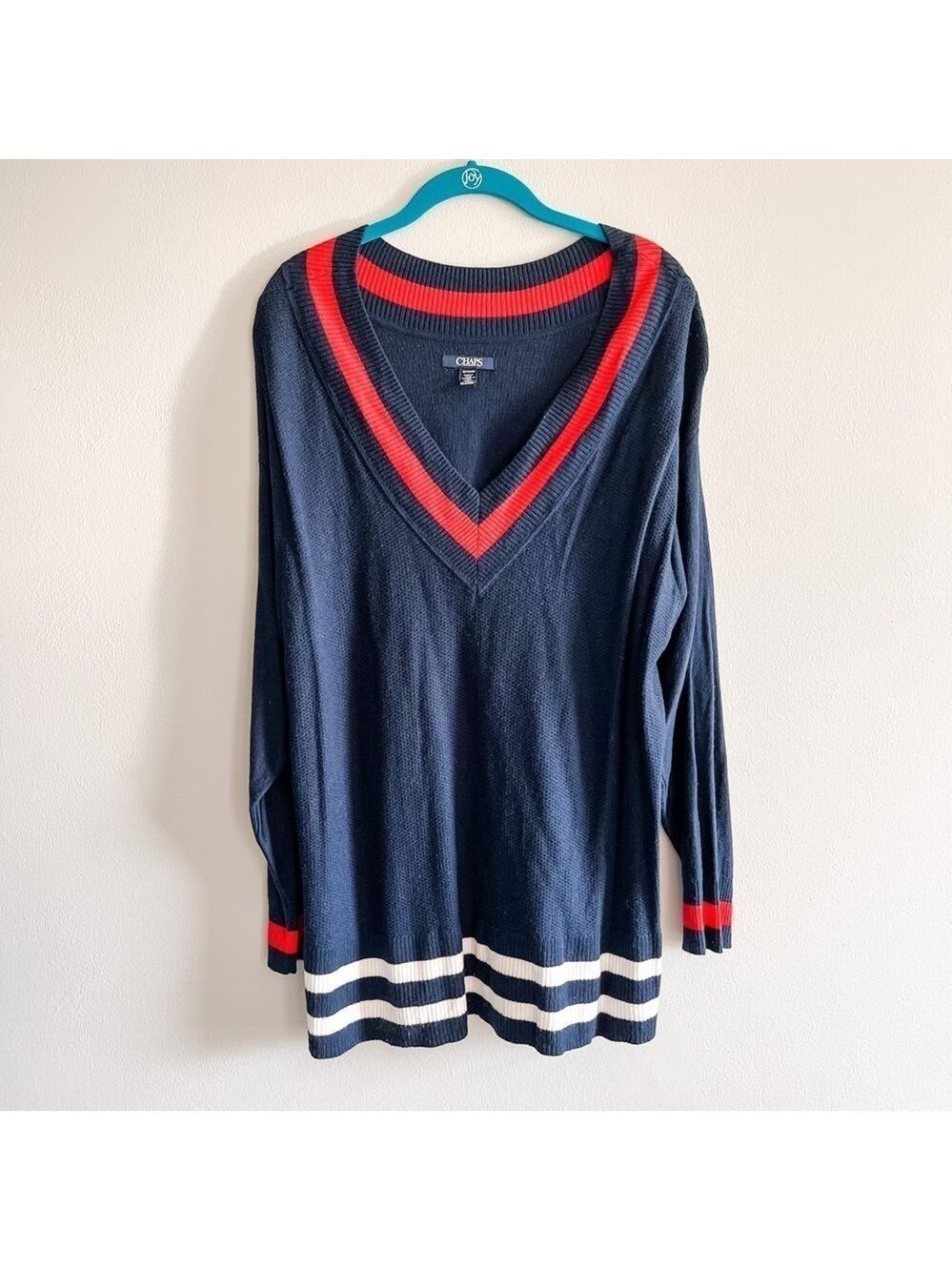 Chaps Navy & Red Long Sleeve Cotton Blend V Neck Nautical Sweater 1X